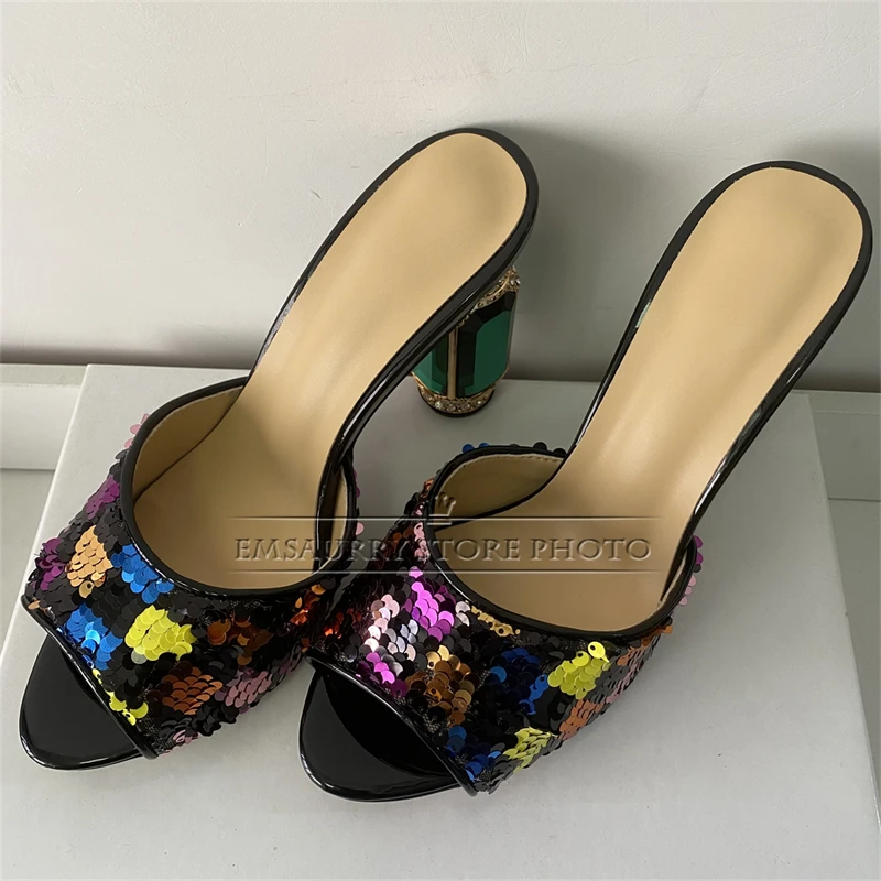 Bling Sequins Open Toe Summer Sandals Women Luxury Rhinestone Diamond High Heel Slingbacks Mules For Girls