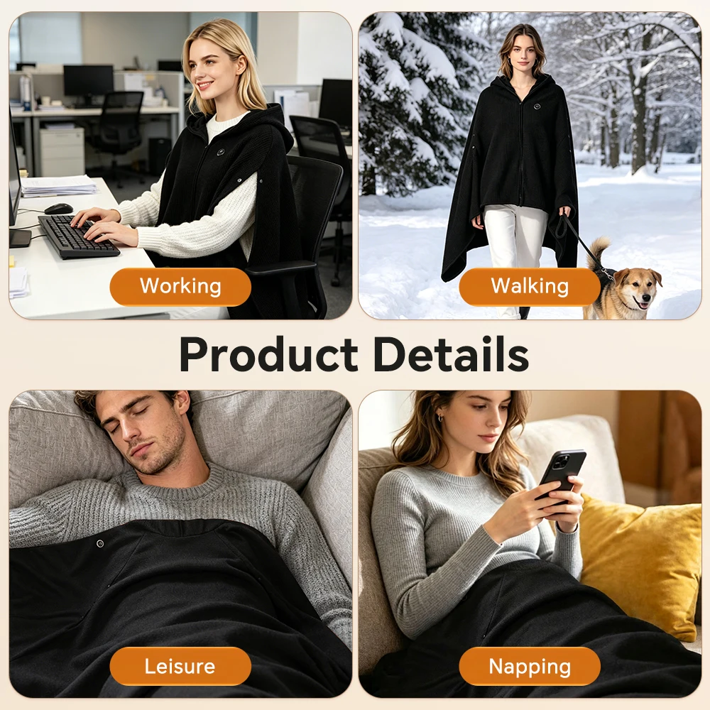 Heated Shawl Wearable Heated Blanket Graphene Heating Shawl with 3 Heat Levels Hooded Design USB Powered Portable Body Warmer