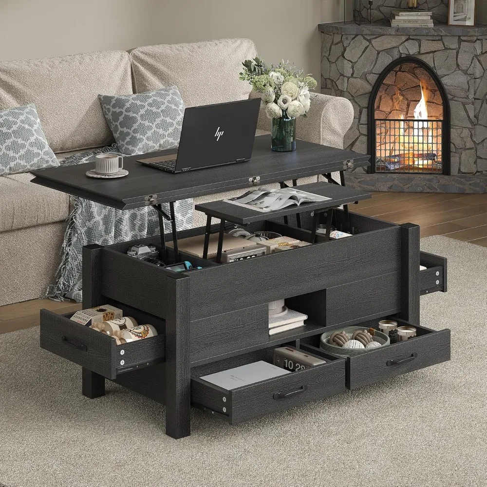 Multi-Function 39.4 Lift Top Coffee Table with 4 Storage Drawers, Hidden Compartment, Wood Center Tab, Versatile Space-Saving Fu