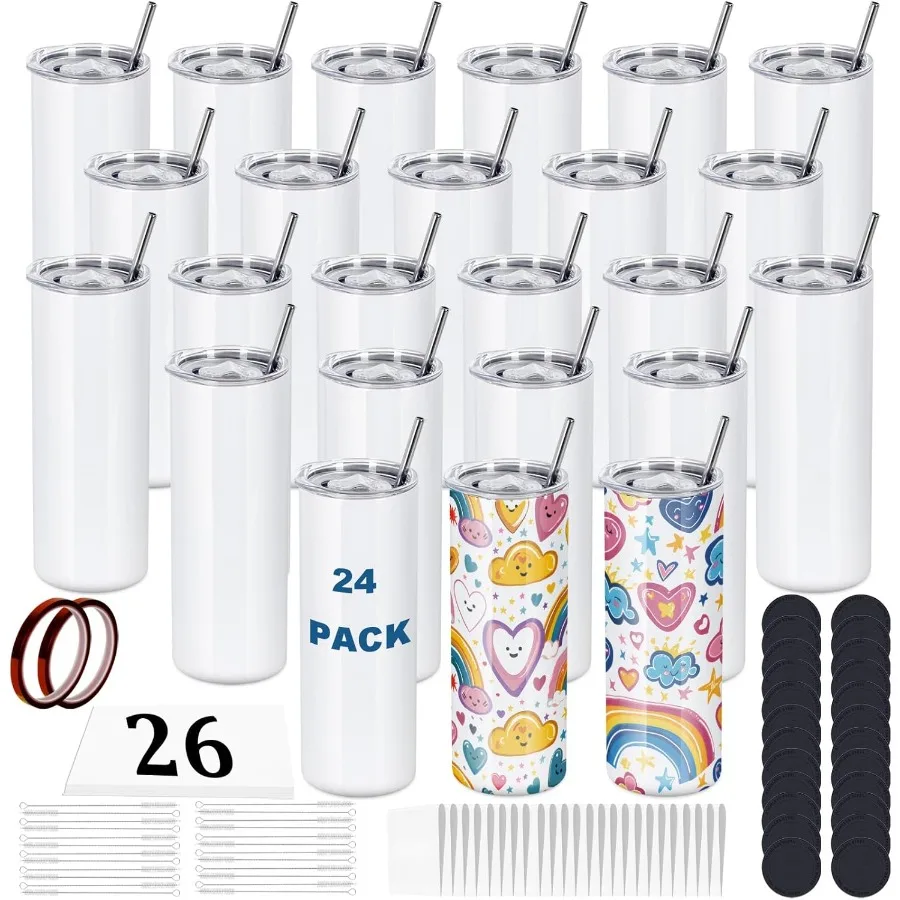 

24 Pack 20 OZ Sublimation Tumblers Bulk Skinny Straight White Stainless Steel Double Wall Insulated Tumbler for Heat Transfer I