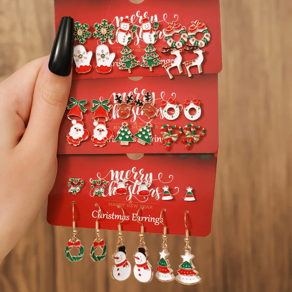 Stud Earrings Christmas 6 Pairs Set Snowflake Reindeer Tree Alloy Red Green Festive Holiday Party Women Gift Lightweight Western