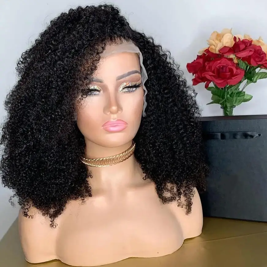 

Glueless Natural Black Soft 16inch 180 Density Short Bob Kinky Curly Lace Front Wig For Women BabyHair Heat Resistant Preplucked