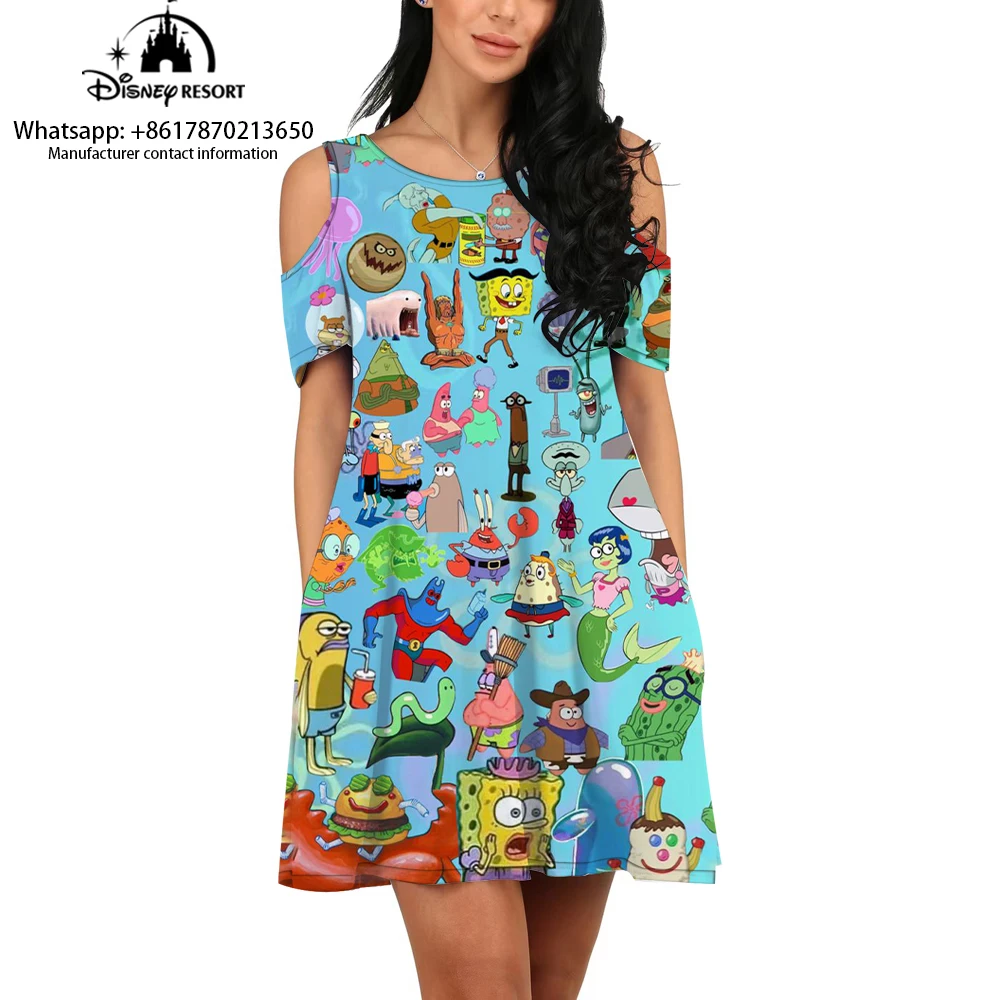 3D Cartoon SpongeBob abito a maniche corte con spalle scoperte, abito alla moda, casual e confortevole, gonna ampia adatta per summe