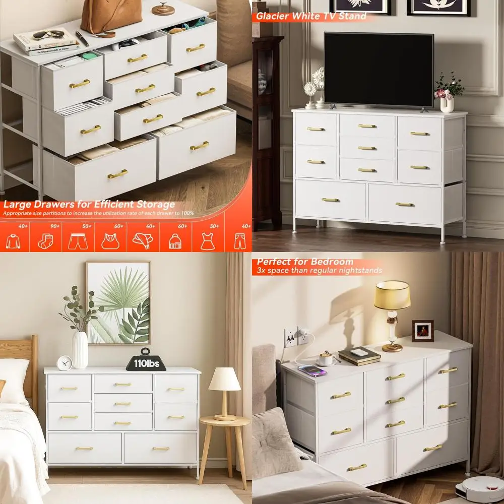 

Wide Drawer TV Stand Entertainment Center with Large Storage Chest for 9 Drawers or 50 TV in Glacier White Leather Front with Me