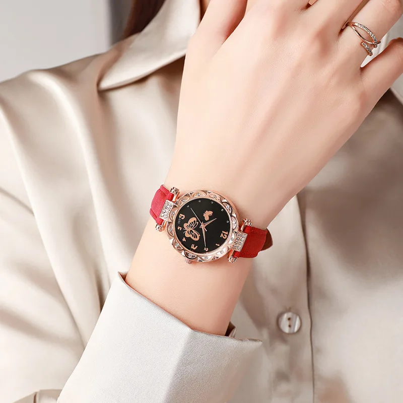 

6/1 шт. комплект, женские часы, кольцо, ожерелье, серьги, браслет, часы, кожаный ремешок с бабочкой, женские кварцевые наручные часы (без коробки)