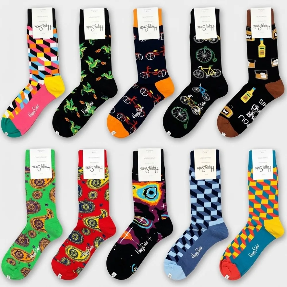 Happy Socks 3 Pairs Men's Crew Socks Combed Cotton Mid Tube Sock Breathable Funny Pattern Big Size Casual Fashion Streetwear