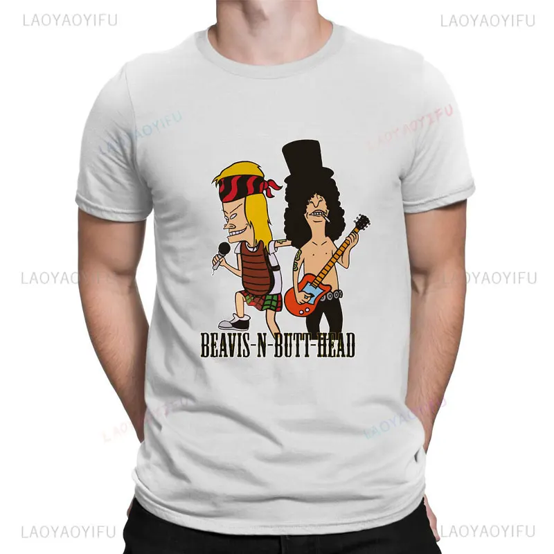 Camiseta de manga curta de hip-hop masculina, calada, estampa de castanho e butthead, desenho animado sarcástico engraçado, tops de algodão fashion, camiseta masculina