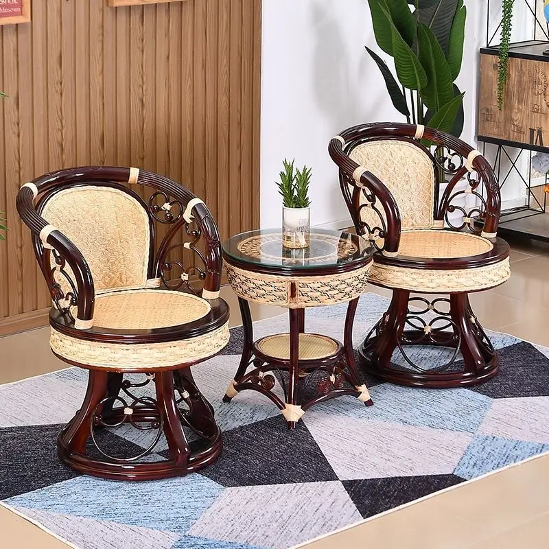 

Chair three-piece balcony table and chair combination indoor solid wood backrest single leisure Xiaoteng chair rotating rattan c