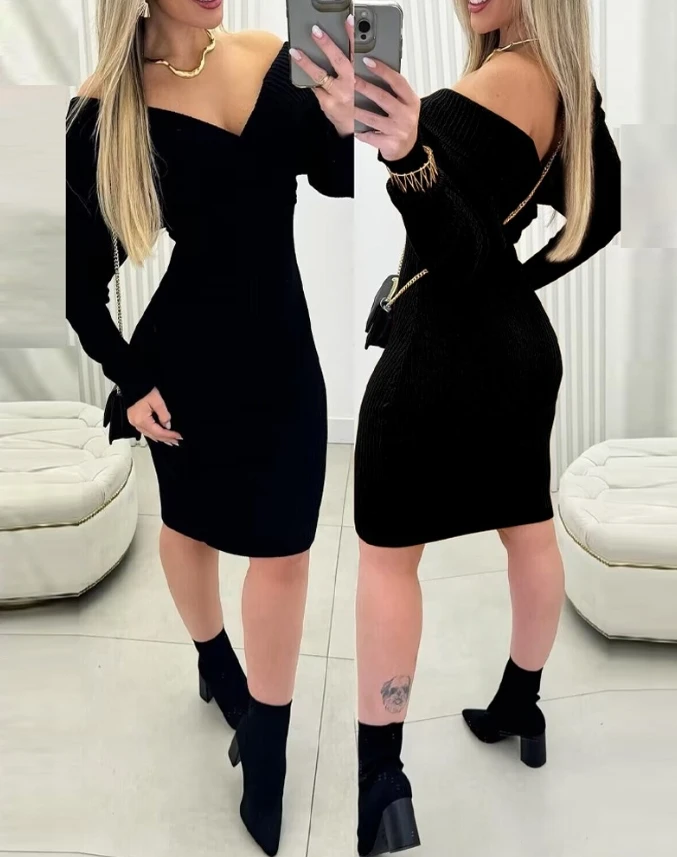 

Elegant Women's Dress Autumn Casual Elegant Off Shoulder Slim Fit Long Sleeved Knitted Sweater Dress Sexy Women's Bodycon Dress