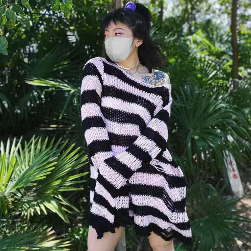 

Edgy Style Distressed Knit Sweater - Mid-Length Striped Pullover with Alternative Design, Unisex Oversized Fit