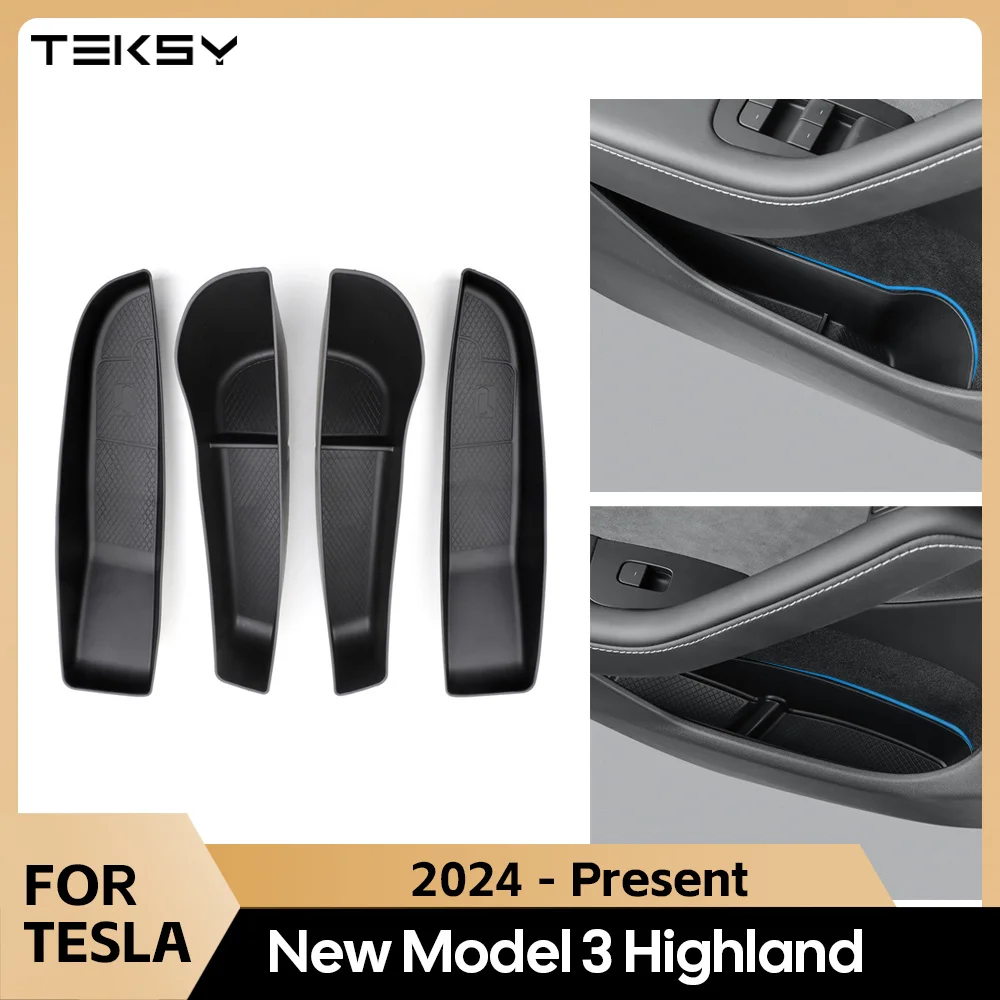 For Tesla Model 3 Highland 2024 Car Door Side Storage Box Front Rear Side TPE Door Storage Organizer Tray Interior Accessories