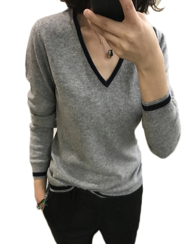 سترة نسائية فضفاضة غير رسمية للخريف والشتاء ذات رقبة على شكل حرف v مقاس كبير سترة صوفية محبوكة سميكة بأكمام طويلة طبقة أساسية #4