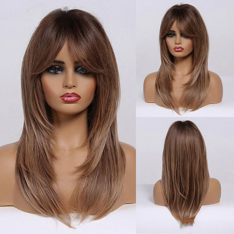 

Long Straight Ombré Brown Blonde Layered Hair Wigs with Bangs For Women Daily