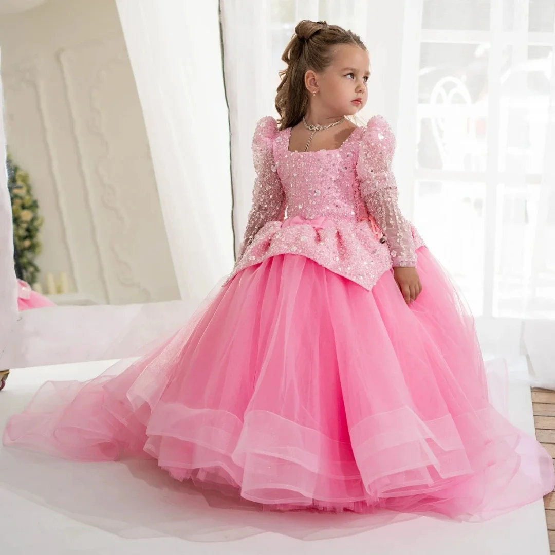 فستان أنيق لفتاة الزهور لحفلات الزفاف بأكمام كاملة من التول والترتر مع فساتين حفلات أعياد الميلاد للأطفال فساتين سهرة مخصصة