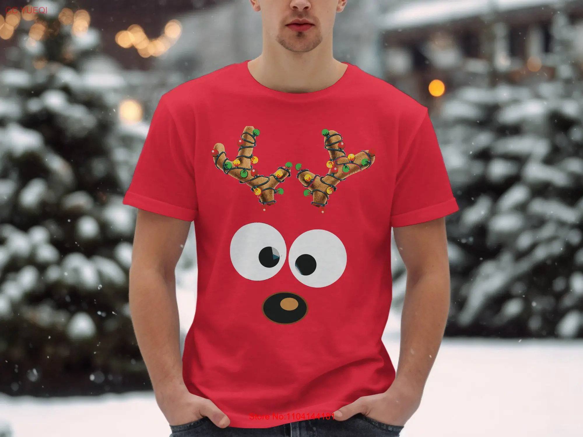 Cute Reindeer Christmas Lights T Shirt Funny Holiday Idea Festive Xmas Season long or short sleeves