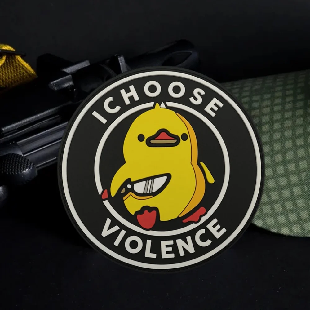 I Choose Violence Angry Yellow Duck With A Knife Tactical Embroidery Hook and Loop Patch Cute Cat Morale Badge Backpack Sticker