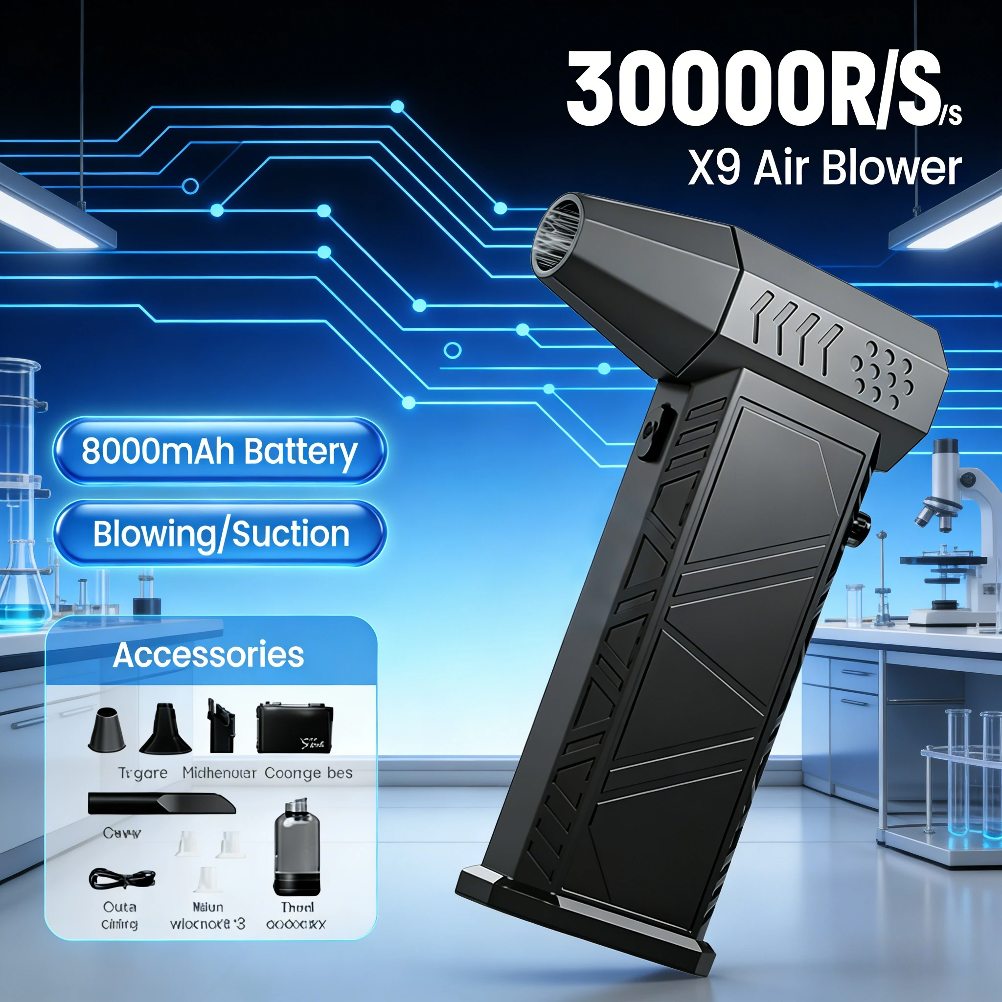 

Турбовоздуходувка X9 300000 об/мин, 2-в-1: пылесос и воздуходувка для ПК, автомобиля, дома