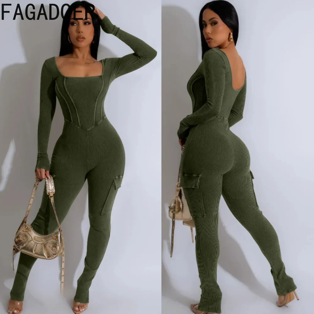 

FAGADOER Autumn Winter Solid Ribber Bodycon Jumpsuits Women Round Neck Long Sleeve Slim Playsuit Female Sporty One Piece Overall