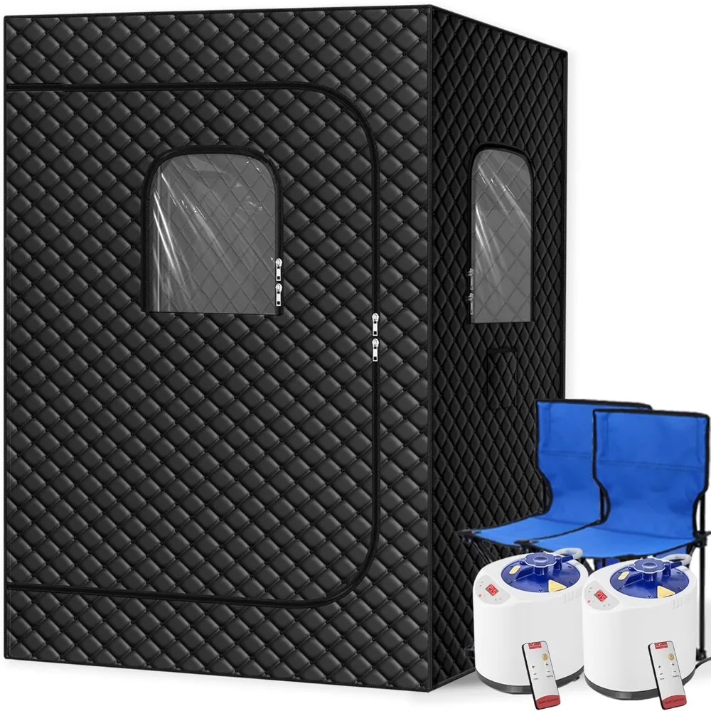 

2 Person Portable Steam Sauna for Home, Upgraded 2 Steamer, 2 Foldable Chair & Remote Control (Black)