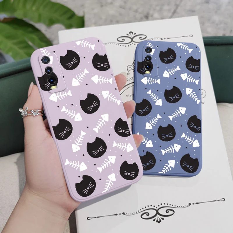 Cat Fish Bones Phone Case For VIVO V30 V29 V29E V27 V27E V25 V25E V23 V23E V21 V20 Y20 Y12 Y21 Y22 Y50 Y35 Y76 Y36 Pro 4G 5G