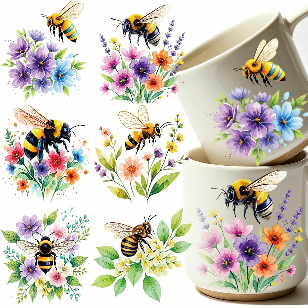 6pcs Watercolor Cartoon Bees Flowers UV DTF Cup Wrap Rapeseed Honey Honey Bees 3D UV Transfer Sticker Self-adhesive Mug Cup Wrap