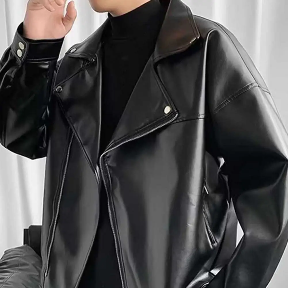 

Men's Jacket Imitation Leather Motorcycle Style Solid Color Loose Fit Lapel Long Sleeve Zipper Placket Outerwear Spring Autumn