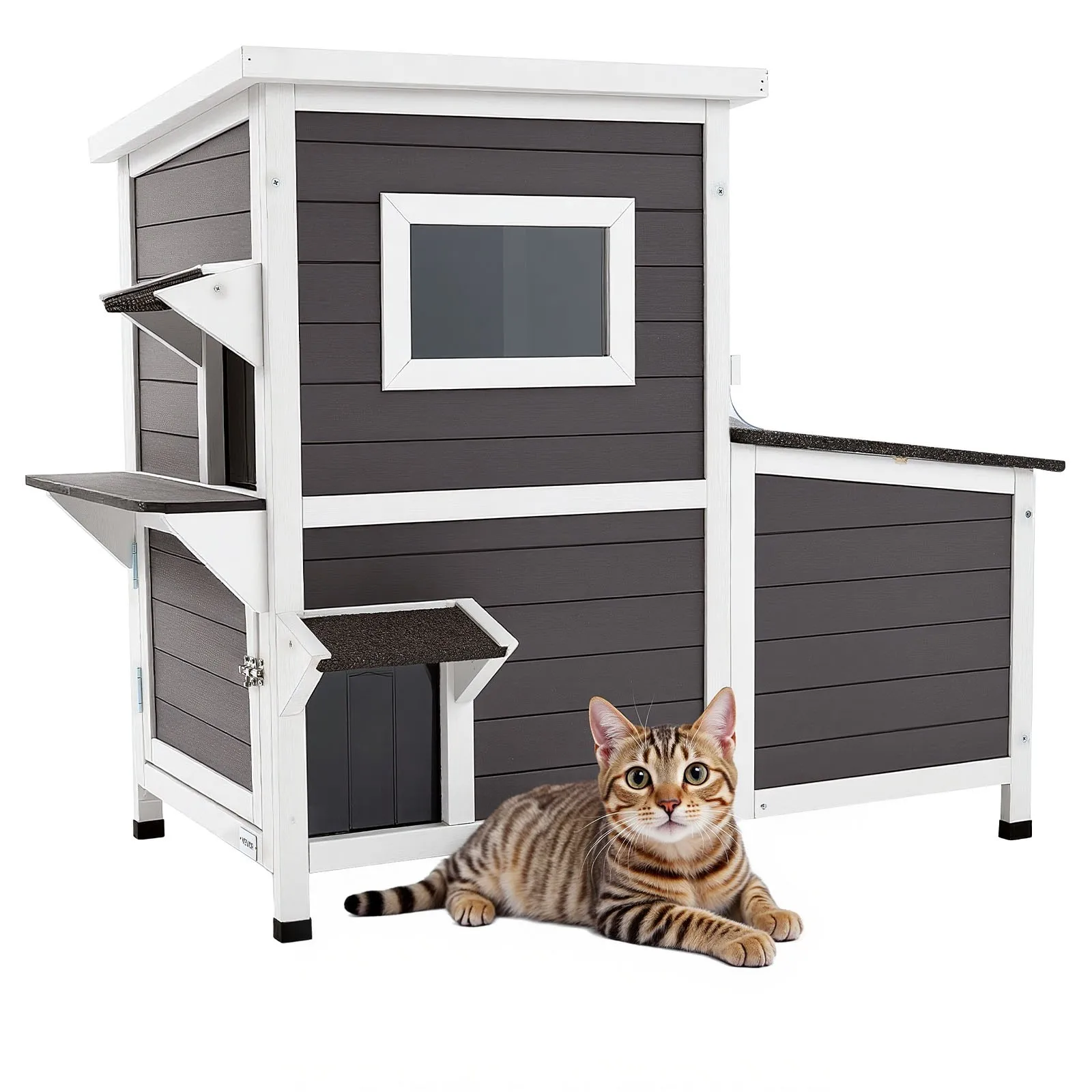 

Outdoor Cat House 2-Story Wooden Cat Shelter for 3 Outside Cats in Winter