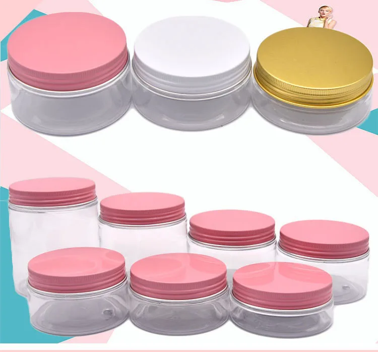 

30pc/lot 250g Plastic Cosmetic Jar Clear Serum Bottle Gold White Pink Aluminum Cap Cream Container Factory Wholesale