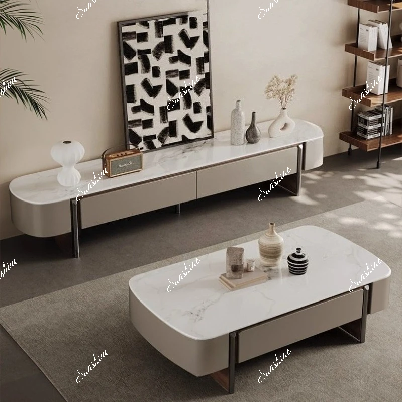 Minimal microcrystalline stone square coffee table TV cabinet combination living room with storage drawer coffee table