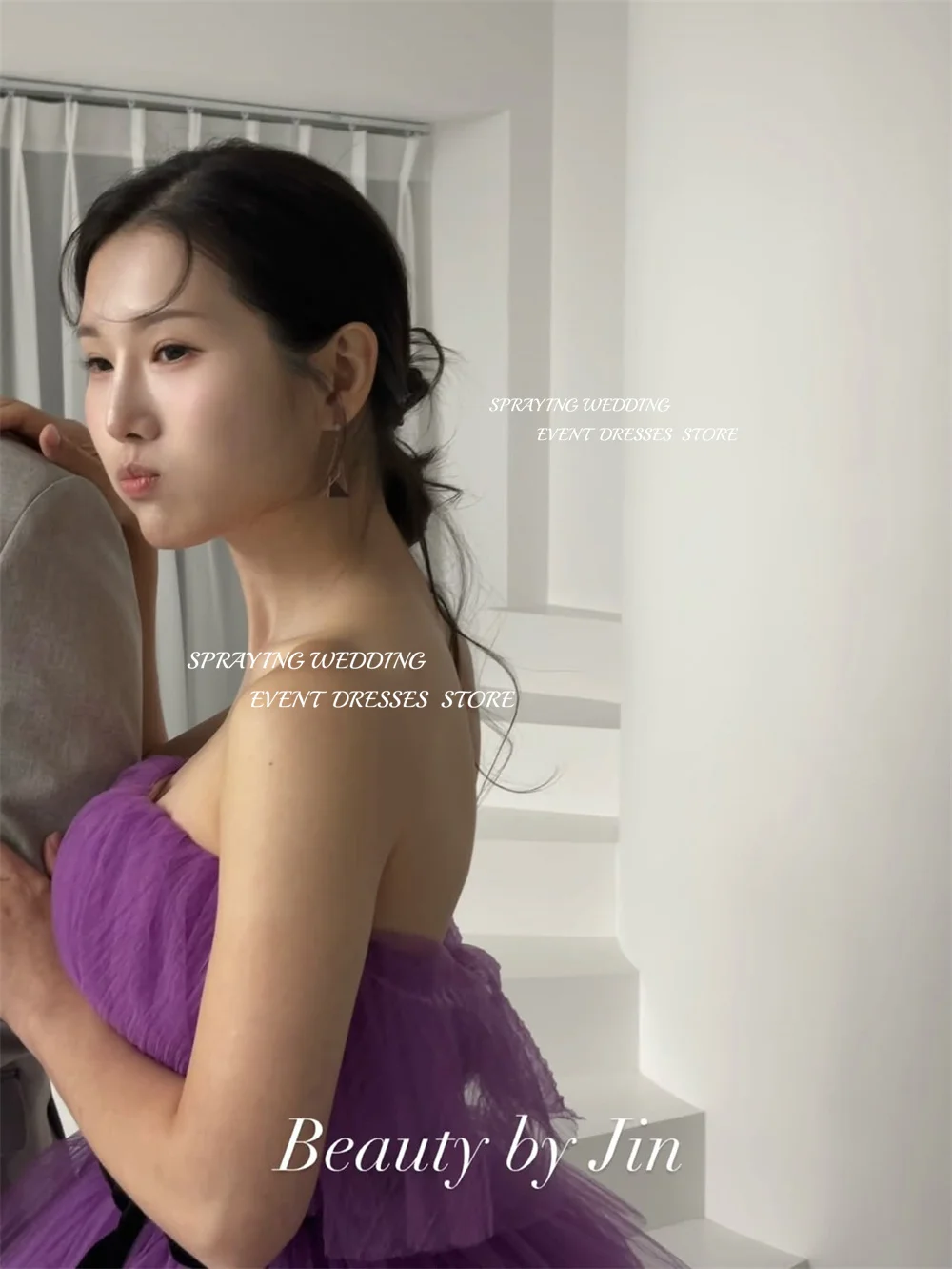 SPRAYING Abito da sera in tulle viola fata Corea Servizio fotografico di matrimonio Senza spalline Una linea Abito da festa lungo a strati Corsetto personalizzato