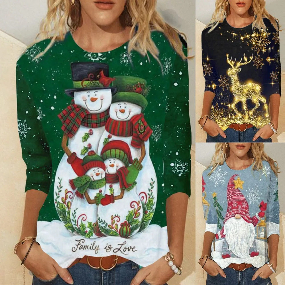 Plus Size Fashion Women Print Long Sleeve Retro Christmas T-shirt Casual Loose Pullovers Streetwear Shirt Top Ropa De Mujer
