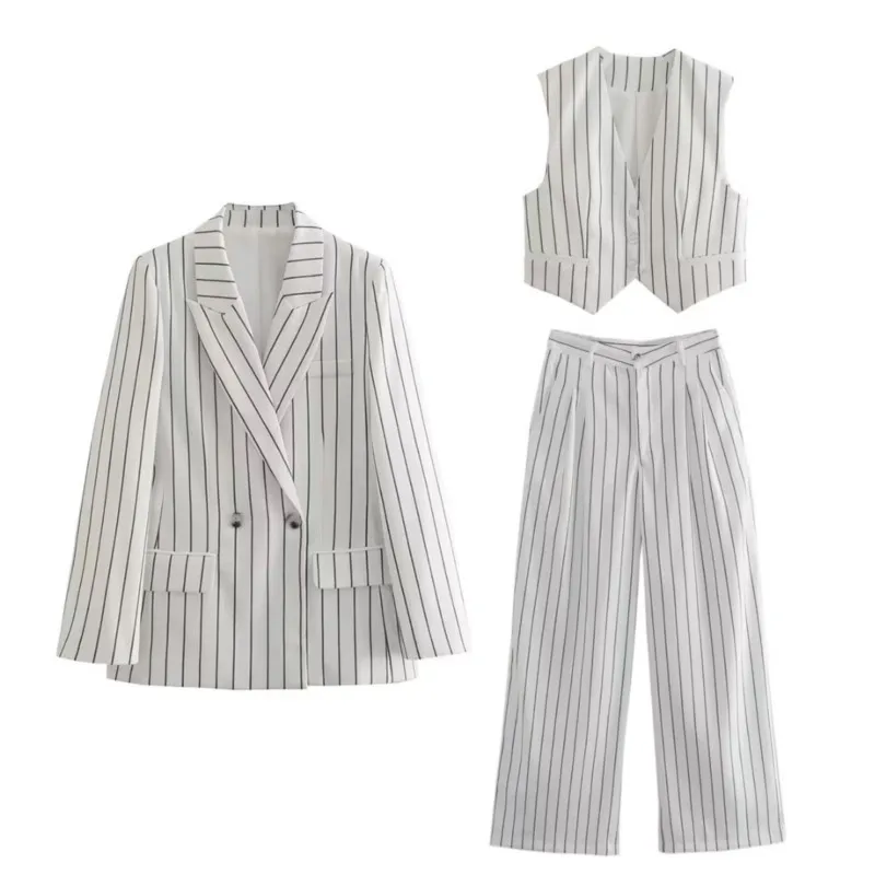 Women\'s striped suit jacket + vest pants set summer new classic 2 sets