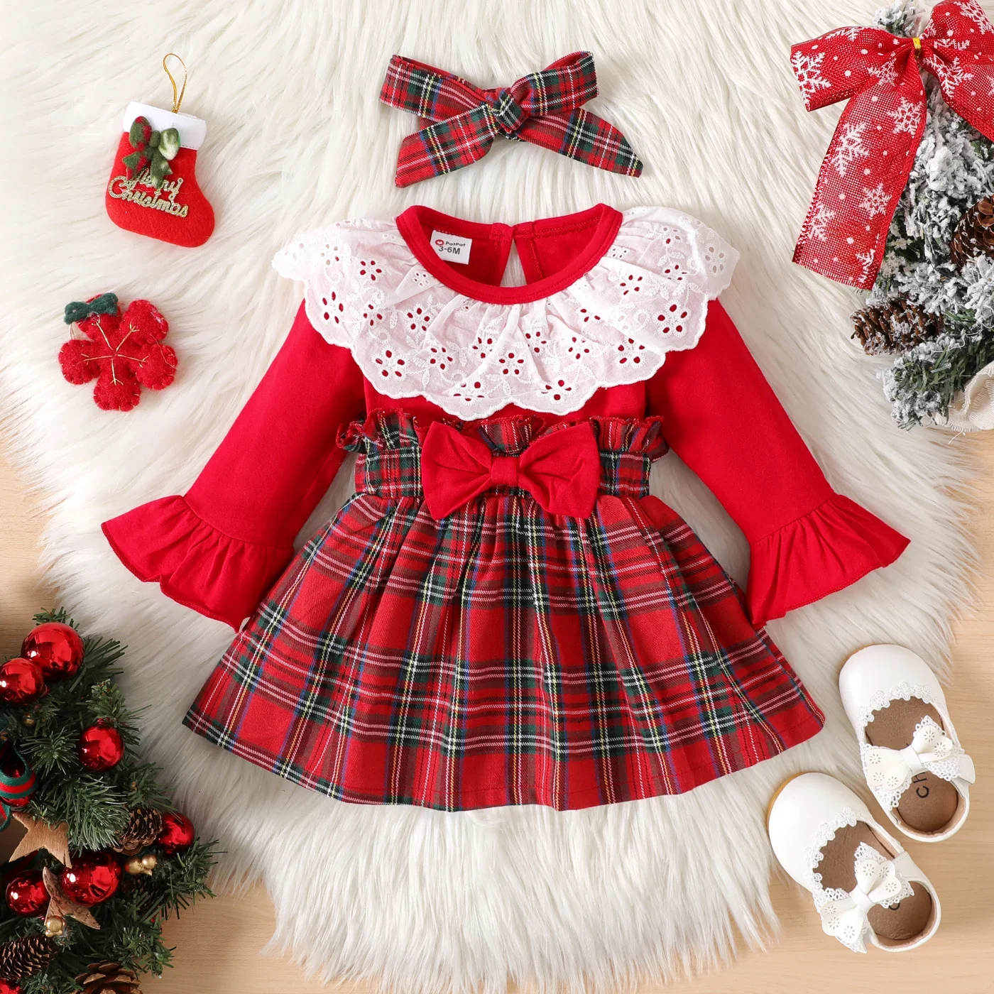 PatPat 2pcs Baby Girl 95% Cotton Long-sleeve Spliced Plaid Bow Front Ruffle Collar Dress with Headband Set Comfortable