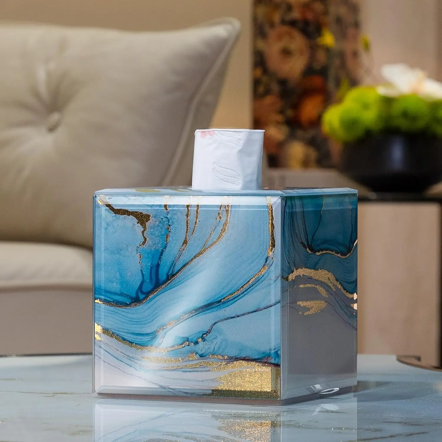 

Square Glass Tissue Box Cover with Marble Pattern and Velvet Lining for Home Decor