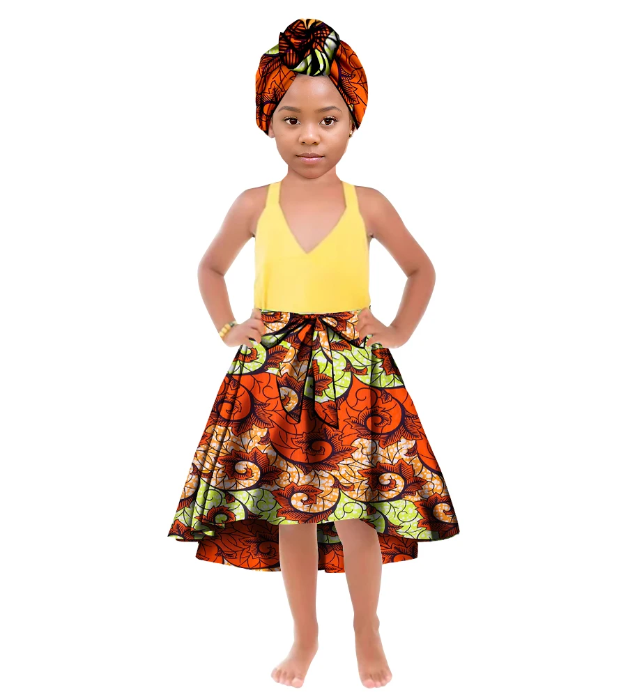 ORIENTAR-ropa africana para niña, falda larga con estampado de Ankala, pañuelo para la cabeza hasta las rodillas, ropa para niños WYT842