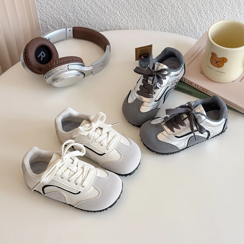 

Kids Sneakers for Girls Fashion New Unisex Children Sports Shoes Patchwork Trend Boys Causal School Running Sneakers Beige Gray