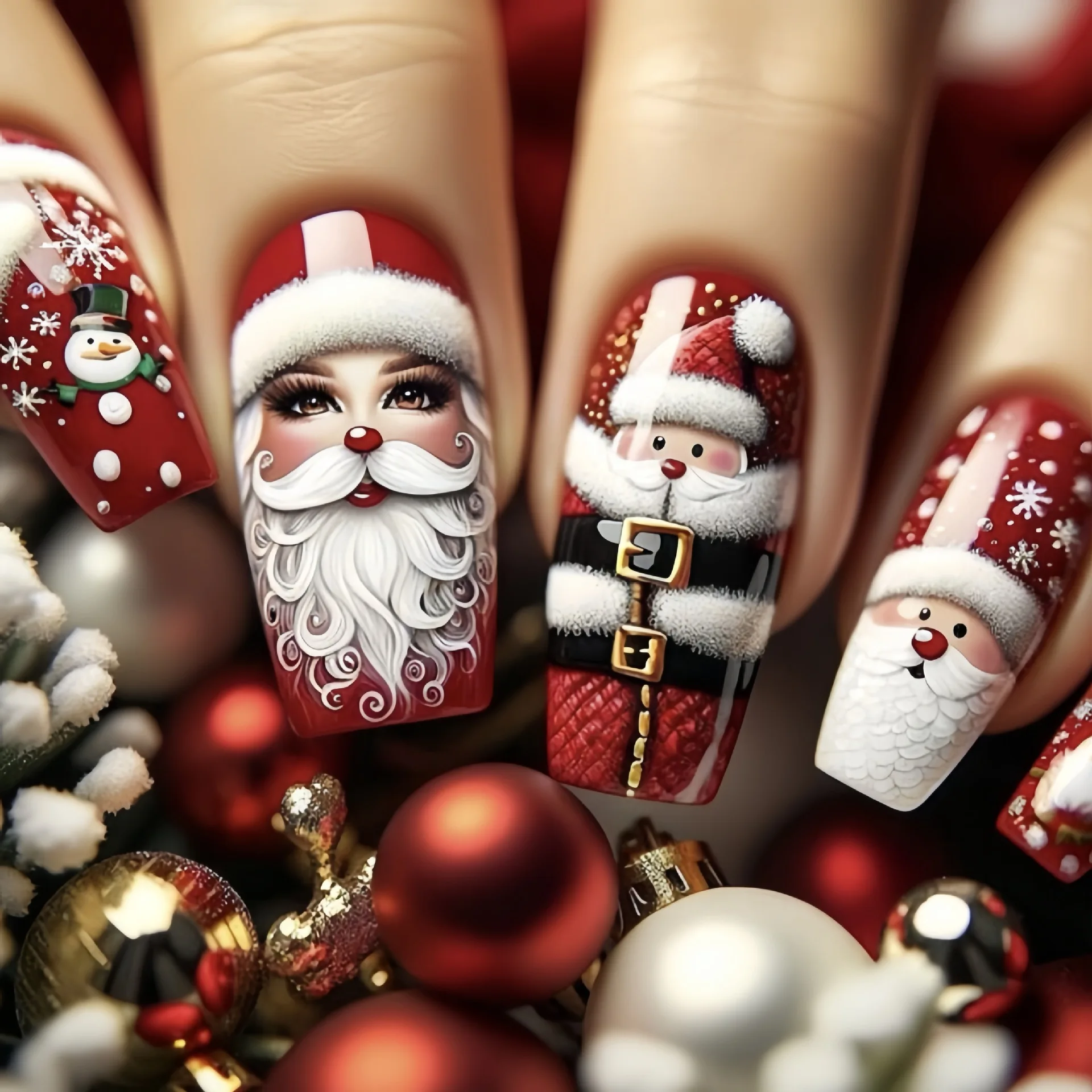 

Merry Christmas Press on Nails Santa Claus Cute Snowman Elk Santa Claus Print Fake Nail Tips Wearable Long Coffin False Nails