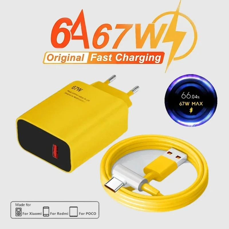 67W Max Super Fast Charger GaN Power 6A Type-C Cable Quick Charge Applicable For Xiaomi 11 12 13 14 Ultra Redmi Note 67W Charger