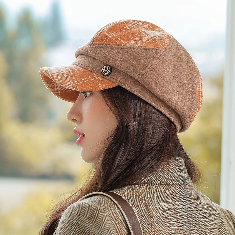 2021 New Cap Visors for Women Woolen Plaid Vintage Spring Autumn Navy Caps Flat Top Classic Beret British Newsboy Octagonal Hat