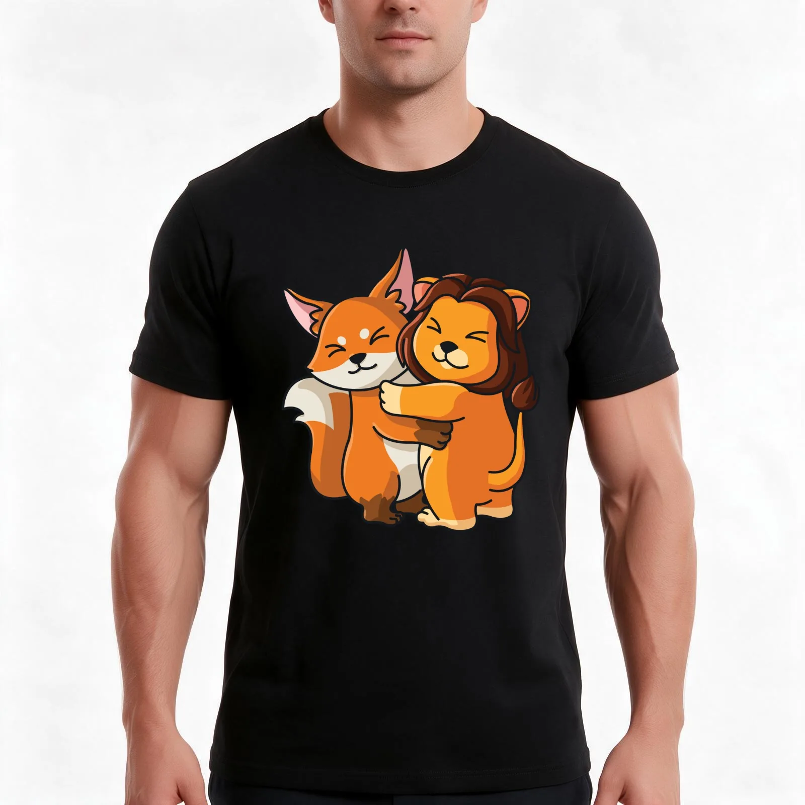 Fox and Lion cute Hug Cuddle Animals T-Shirt, Summer Casual Cotton Tee, Oversized Streetwear Tops, Vintage Graphic Print