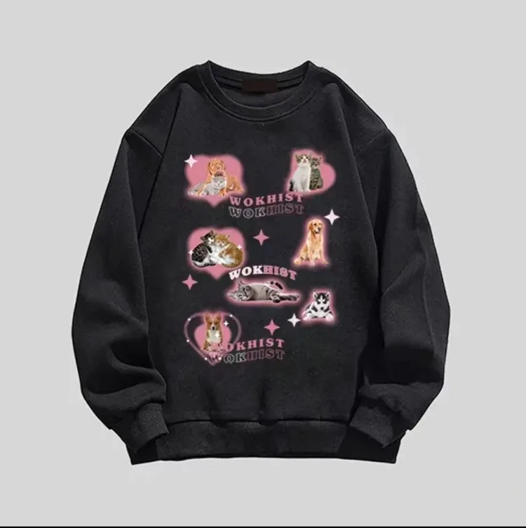 Sweet Cartoon Cat  Sweatshirt Mujer Autumn/winter O-neck Thicked Warm Sweatshirts Y2k Grunge Long Sleeve Loose Tops Women