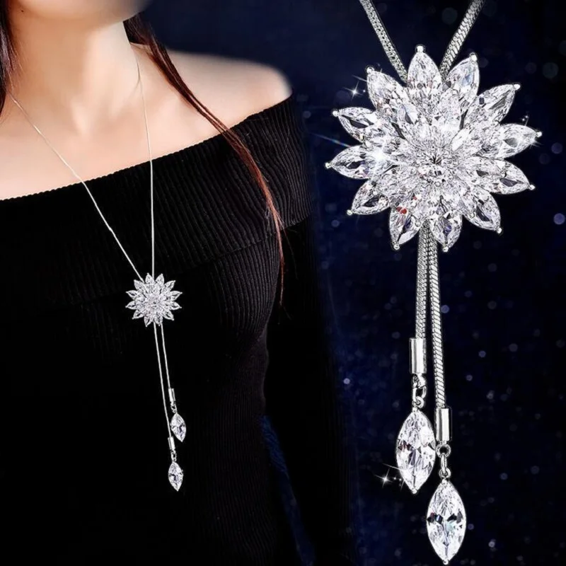 Classic Color Sunflower Pendand Long Necklace For Women Trendy Sweater Chain