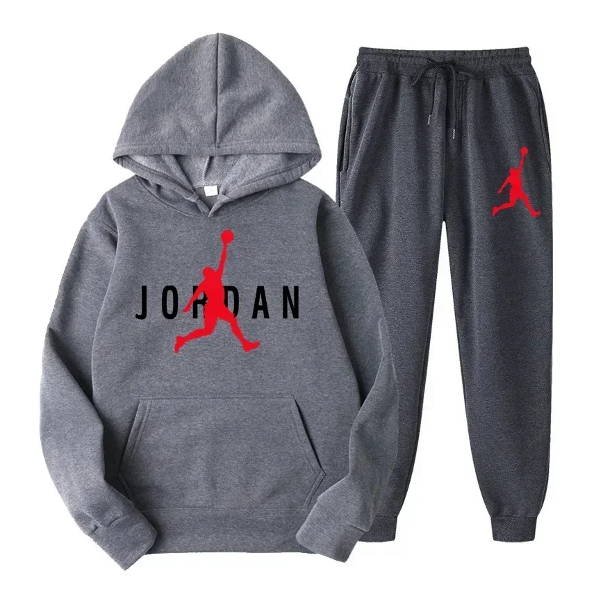 Men's sportswear set: fashionable autumn and winter hooded sweatshirt top + trousers two-piece set, pullover, casual fitness, wa
