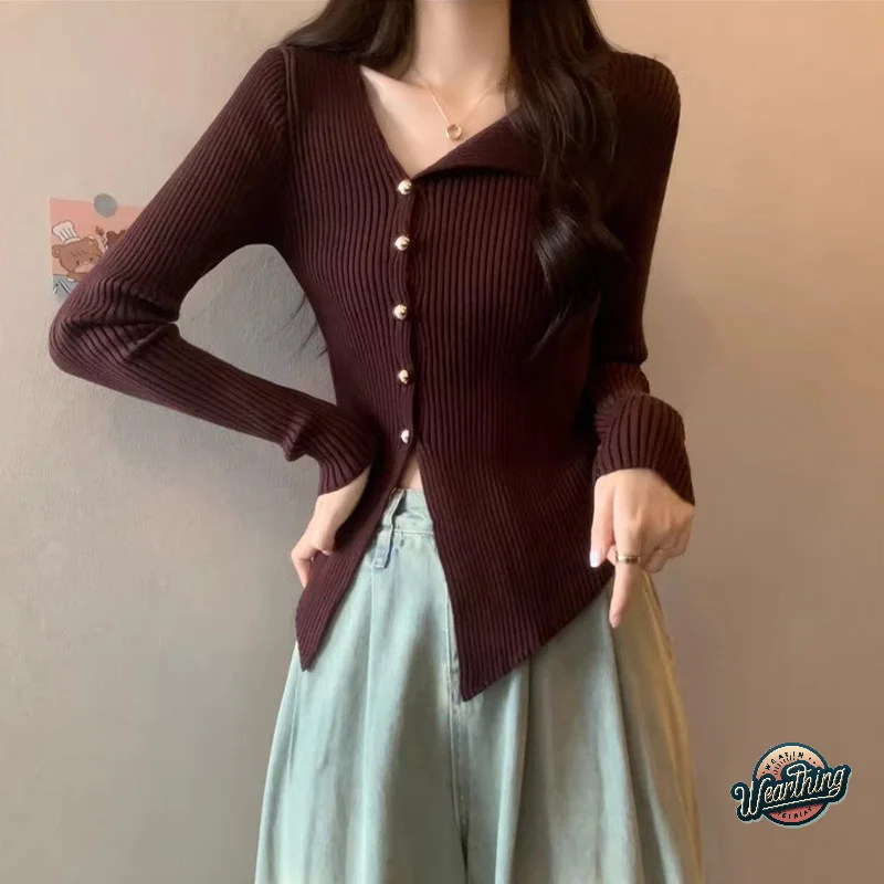 

Women Sweater Autumn Knitted Cardigan Korean Anchora Red Irregular V-neck Long Sleeve Slim Slit Sweater Cardigan For Women