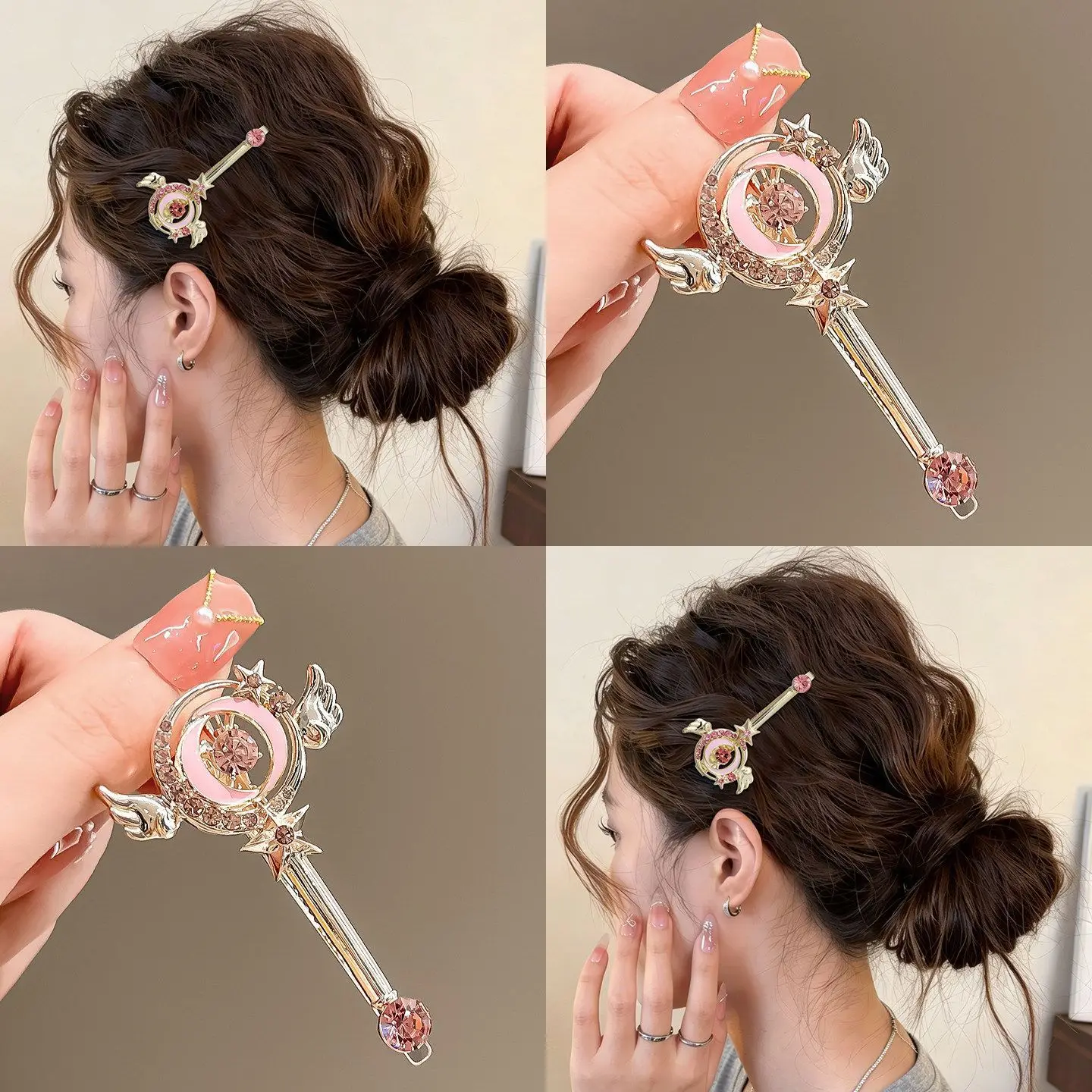 Cute and Sweet Pink Rhinestone Magic Wand Hair Clip Hairpin Versatil Alloy Side Duckbill Clip Korean Style Girl Hair Accessories