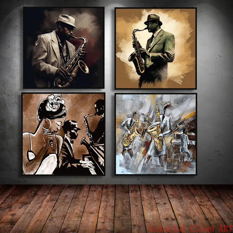 Jazz Band Black Man Play Saxophone Poster Print Musician Canvas Painting Wall Decor Music Wall Art Home Decor Gifts Music Lover