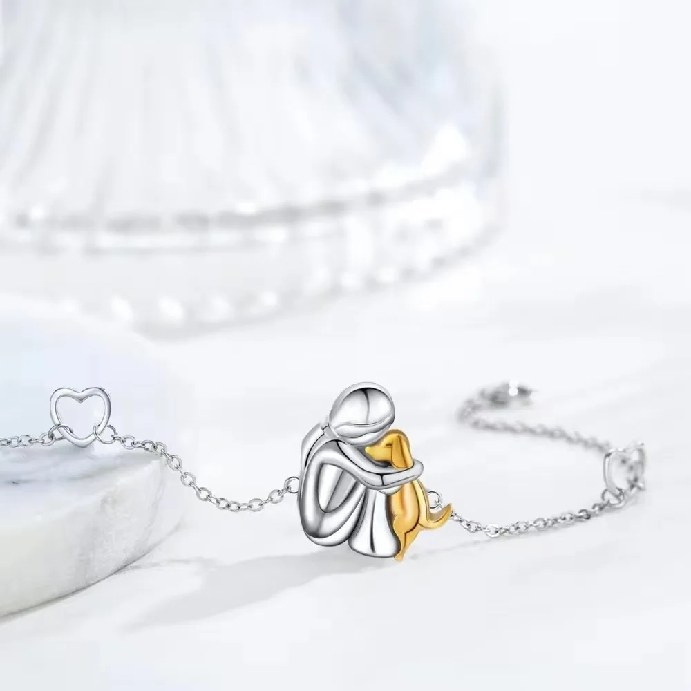 Trumium S925 Sterling Silver Bracelets for Women Two‑Tone Girl Hugging Dog Bracelet Charm Puppy Pet Lover Fine Jewelry Gift