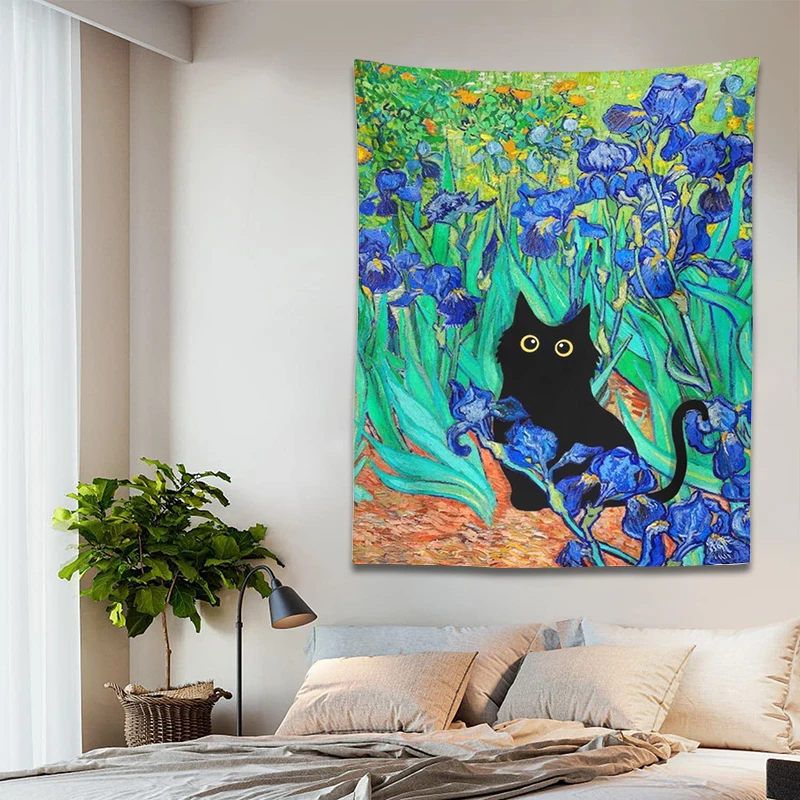 Tapiz de gato de Van Gogh Irises, pintura de gato negro, estampado Floral, divertido, regalo divertido, decoración del hogar, colgante de pared