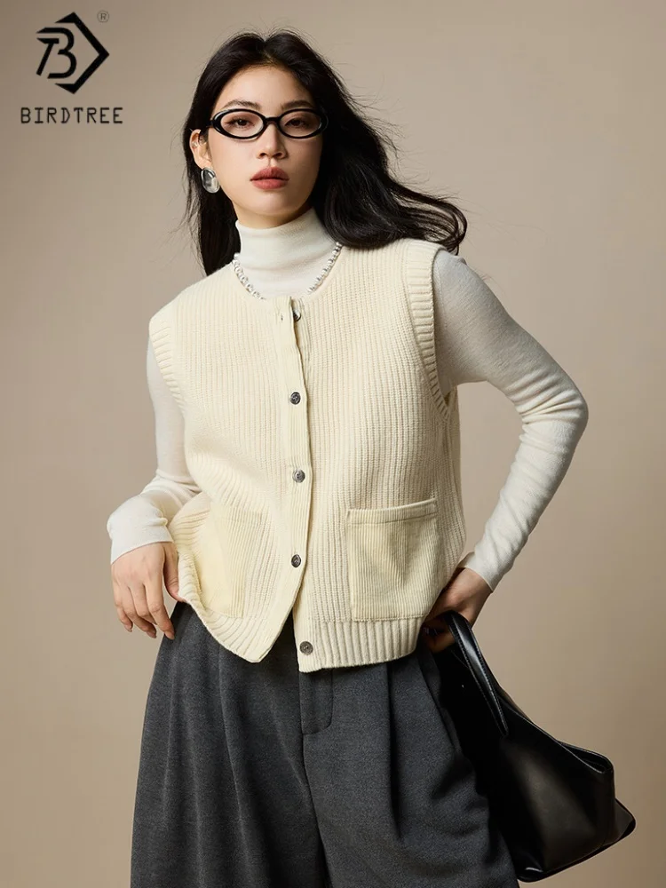 

Birdtree,100% Sheep Wool Knitted Vest,Woman O-neck Single Breasted Sleeveless Sweater,2025 Autumn Soft Loose Waistcoat T5O702JF