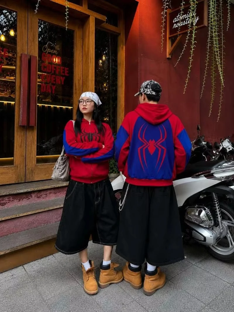 Unisex Fashion Cosplay Hooded Jacket Red Blue Colorblock Spider Pattern Hoodie Casual Y2K  Family Matching Sweatshirt Top